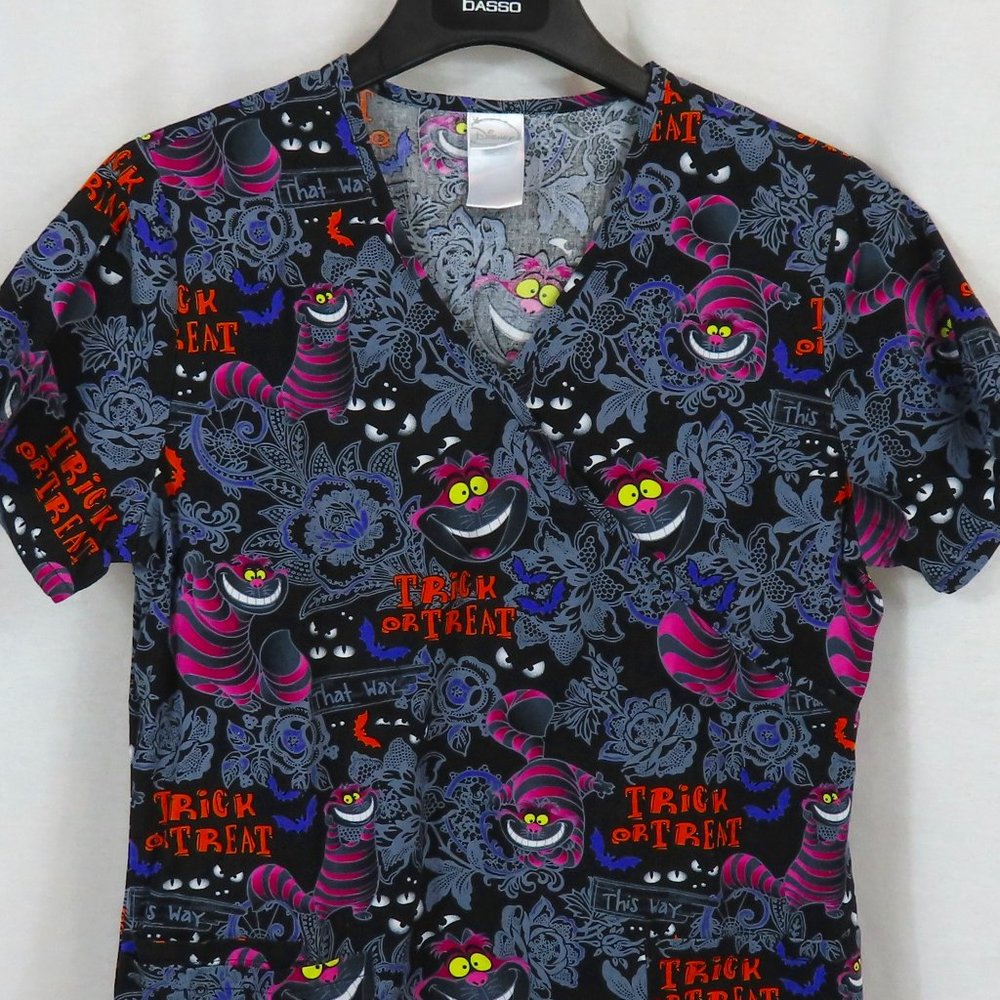 Cute Disney Cheshire Cat Halloween Scrub Top Sz. S
